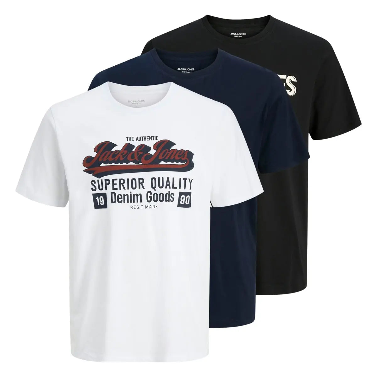 Duże męskie t-shirty z nadrukiem koszulki z krótkim rękawem 3 sztuki Jack &amp; Jones 12287820 biała/czarna/granatowa