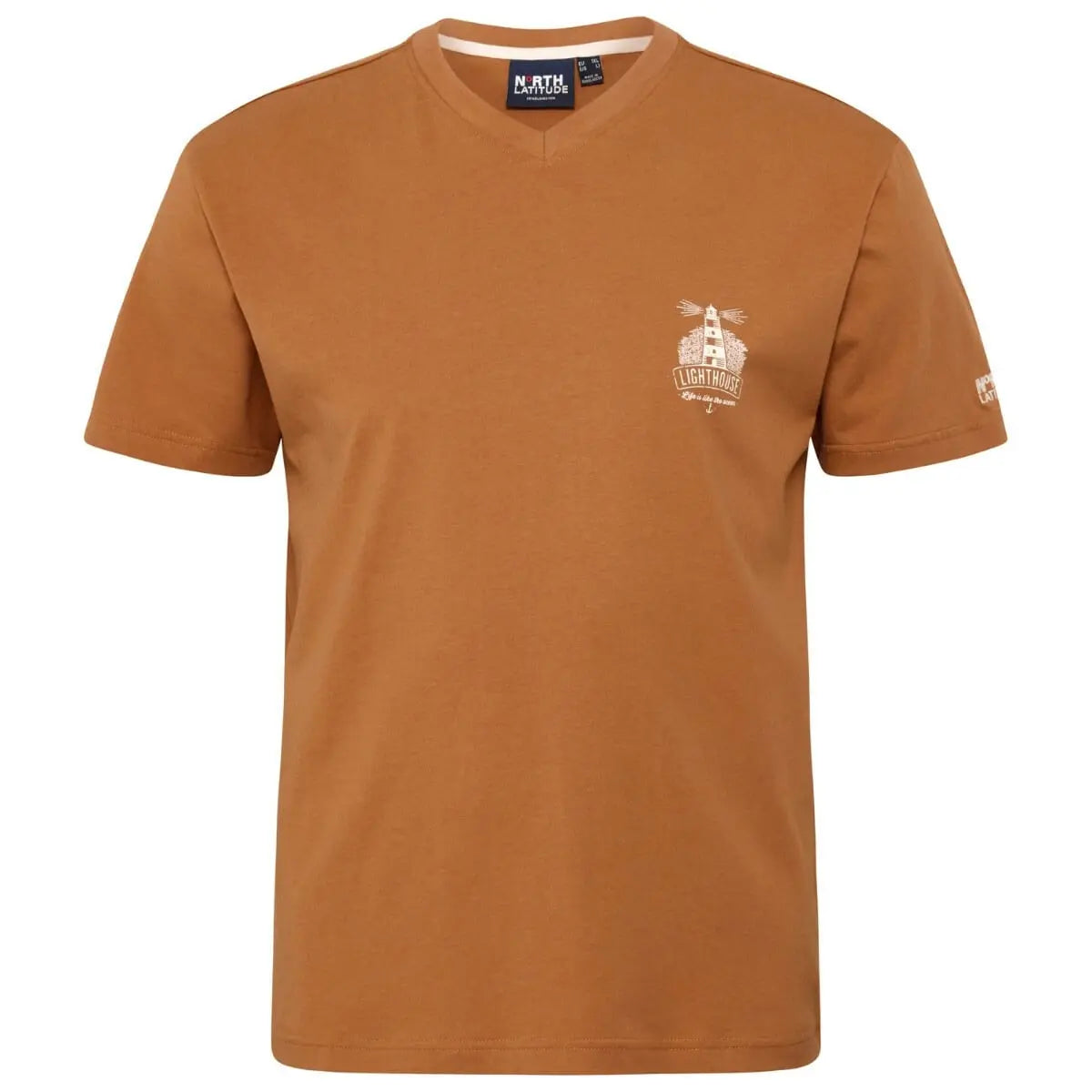 Duży męski t-shirt gładka koszulka z dekoltem w serek North Latitude 53101-0720 jasnobrązowa