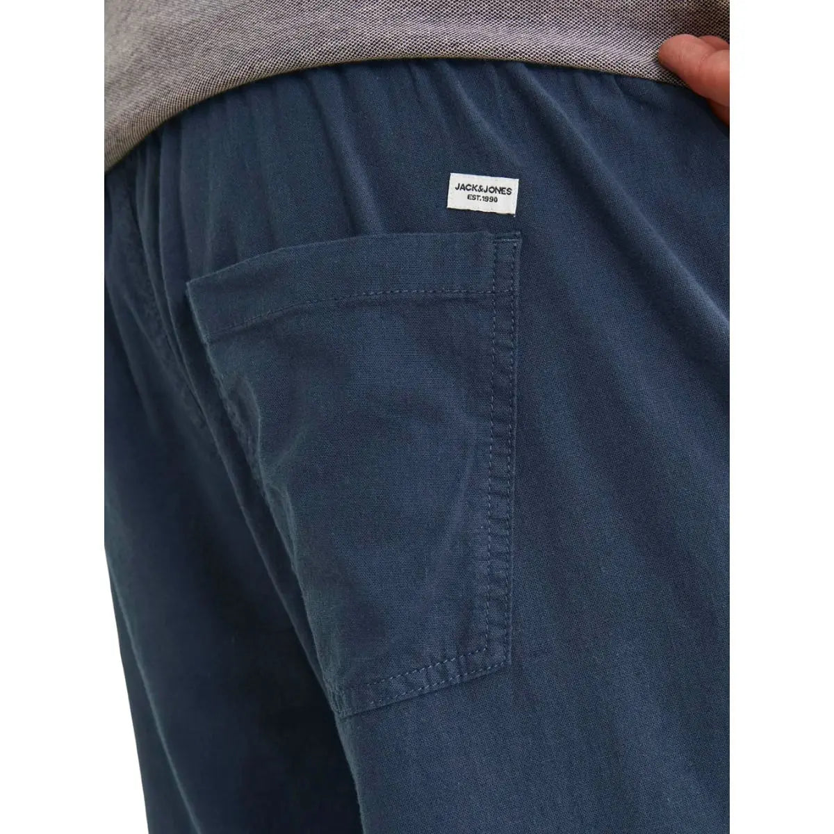 Duże męskie spodnie materialne z lnem,  gumką i sznurkami w pasie Jack &amp; Jones 12239548 granatowe