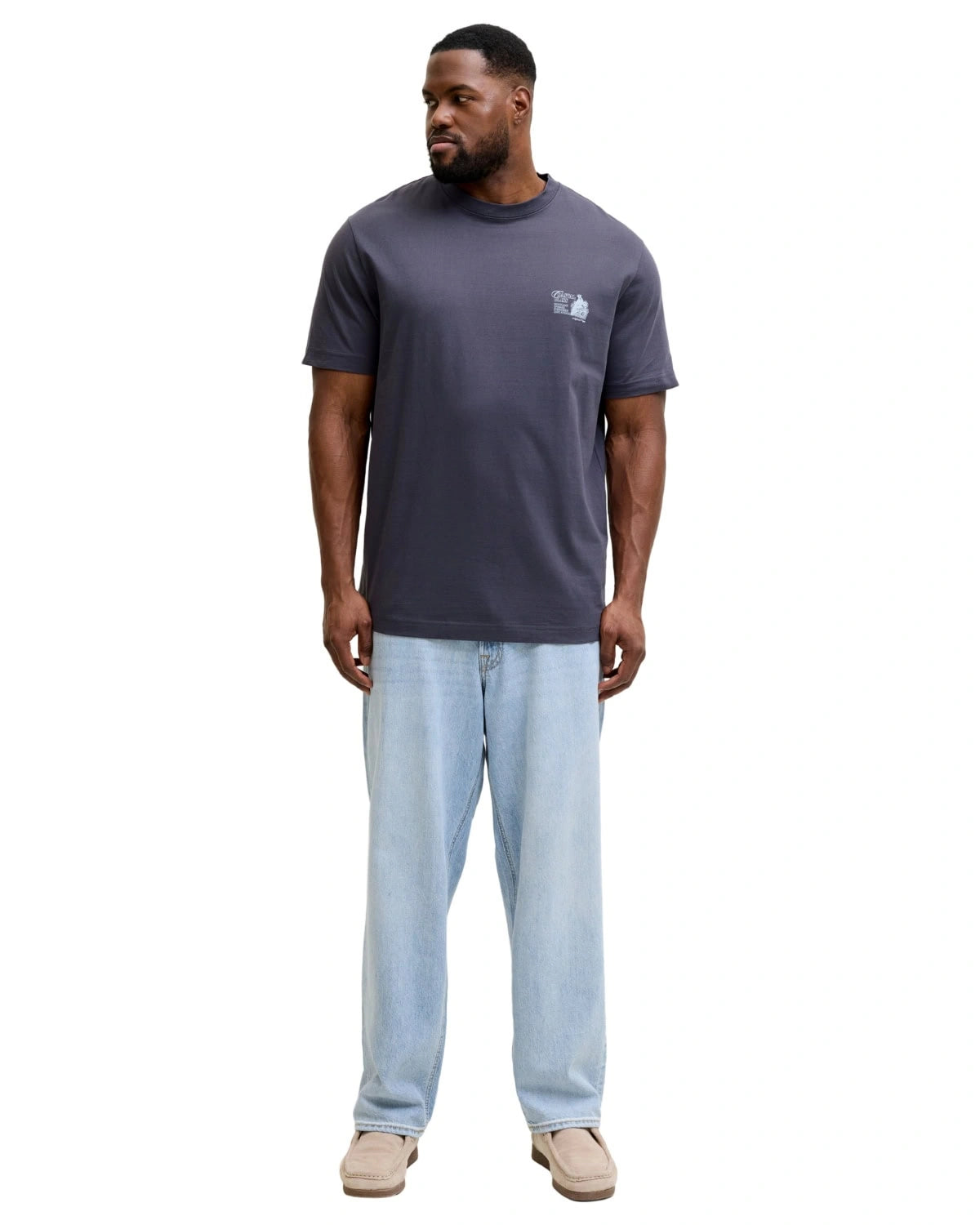 Duża męska koszulka krótki rękaw t-shirt z nadrukiem na plecach Jack &amp; Jones 12299037 szaroniebieski