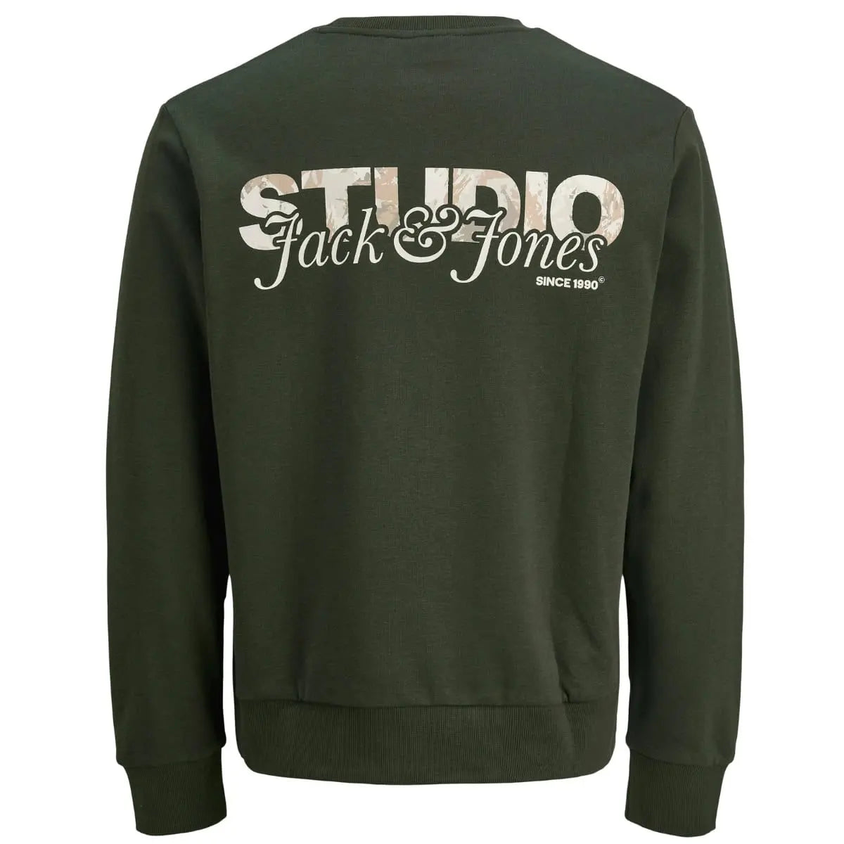 Duża męska bluza wkładana przez głowę z napisem na plecach Jack &amp; Jones 12285534 ciemnozielona