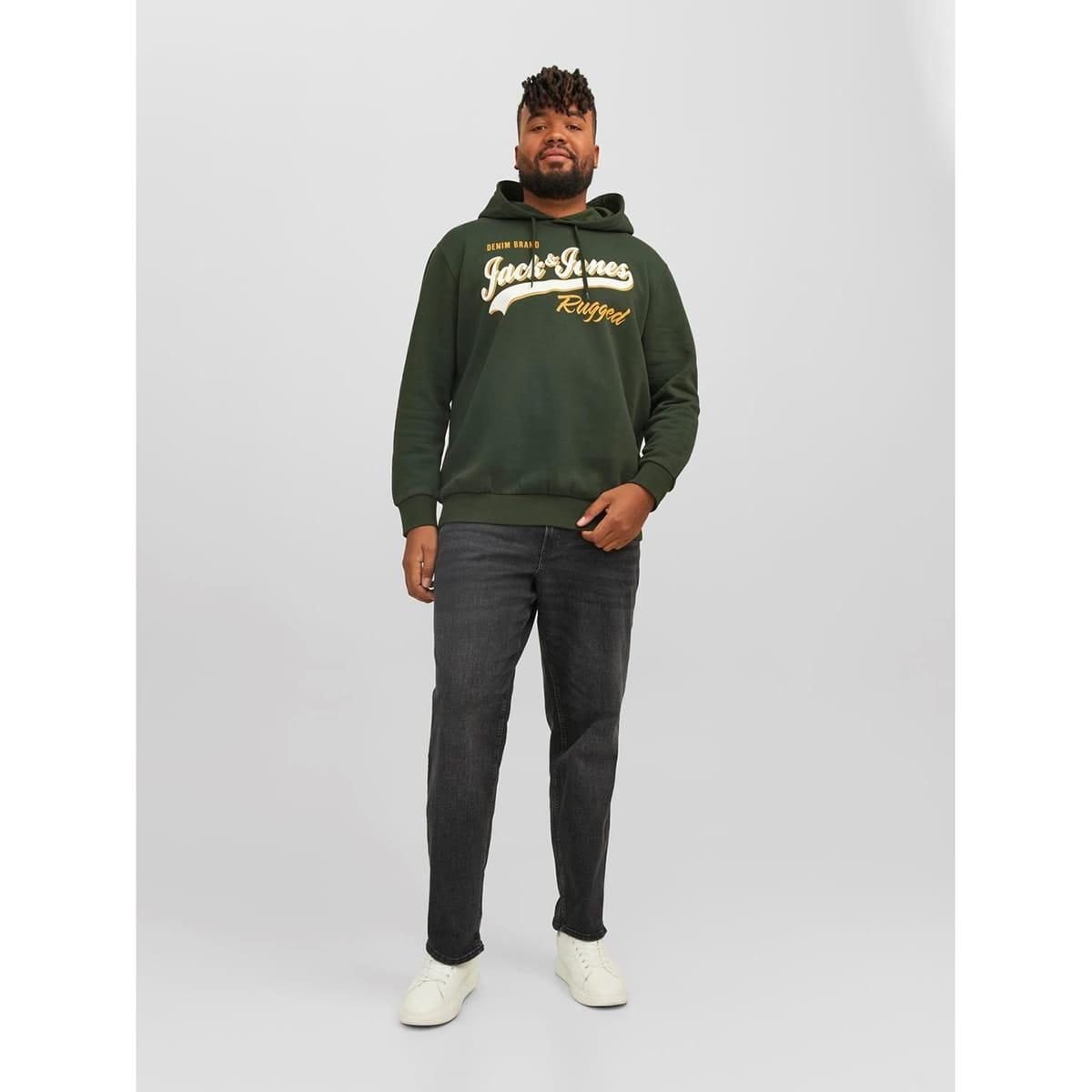 Duża męska bluza wkładana przez głowę z kapturem napisy Jack &amp; Jones 12236803 ciemnozielona