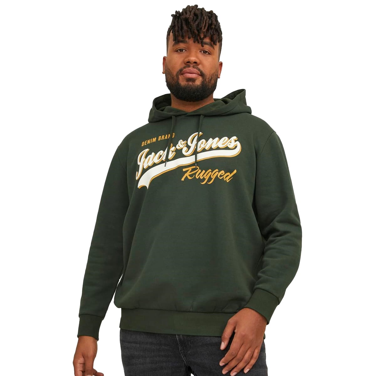 Duża męska bluza wkładana przez głowę z kapturem napisy Jack &amp; Jones 12236803 ciemnozielona