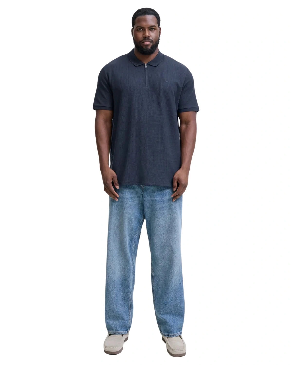 Duża męska koszulka z kołnierzykiem polówka gładka na zamek Jack &amp; Jones 12284618 granatowa