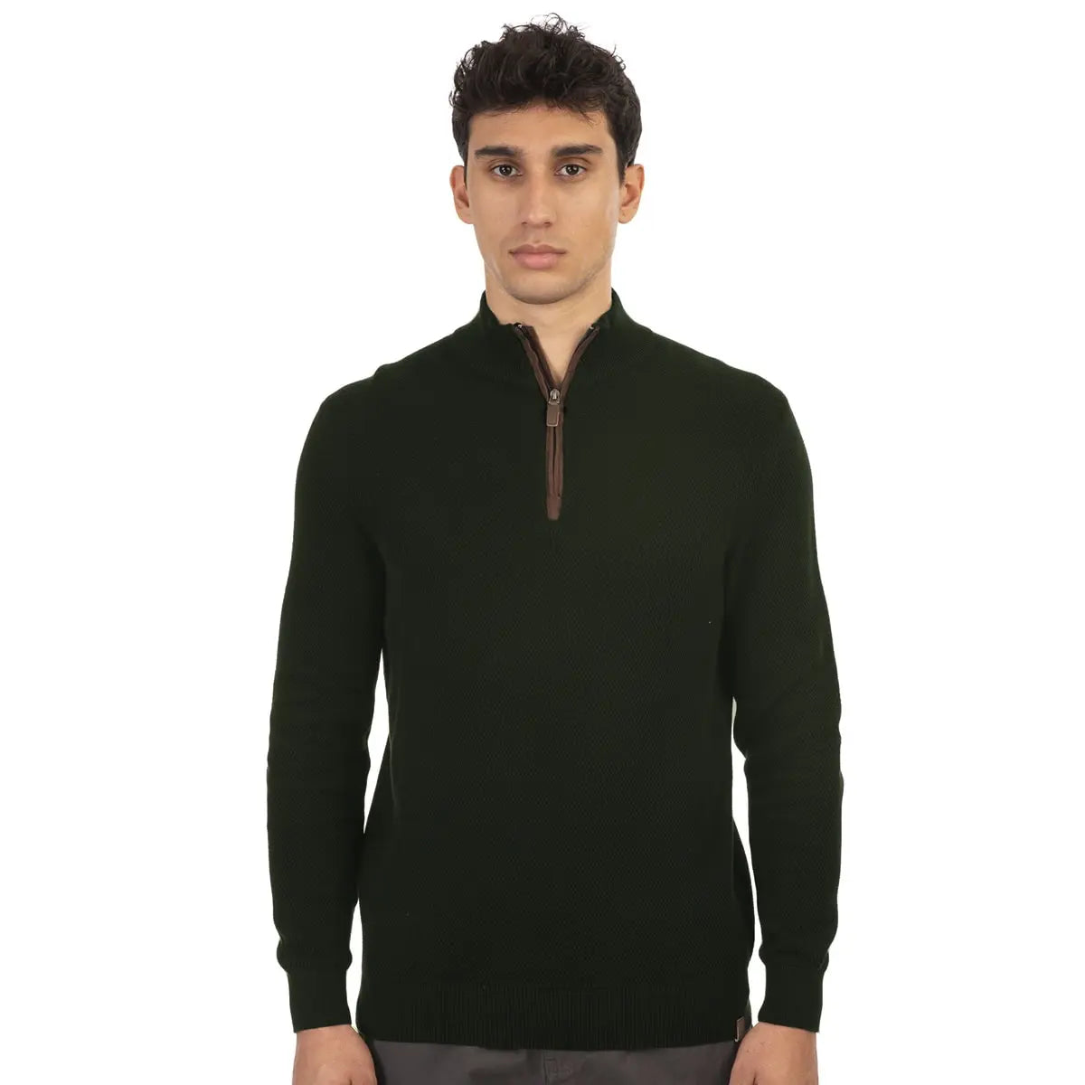 Duży męski rozpinany sweter ze stójką Double Urban Outfitters Knit-8014 ciemnozielony