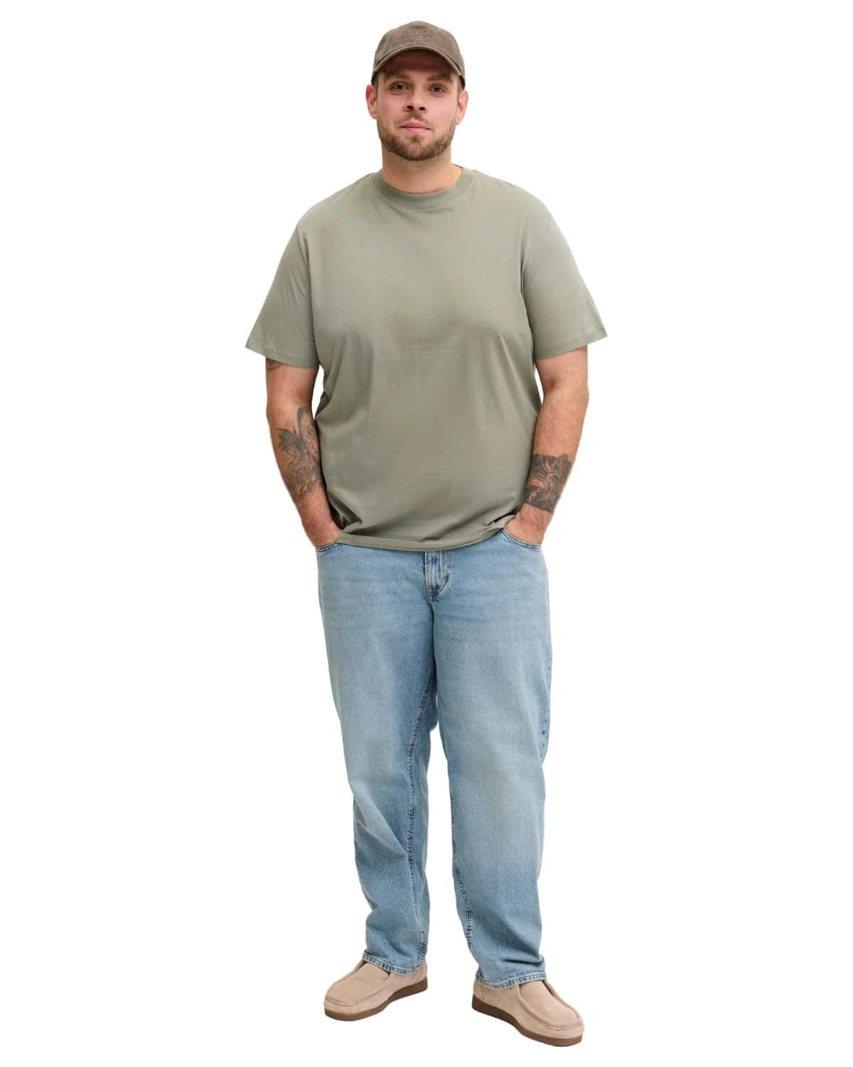 Duża męska koszulka z krótkim rękawem t-shirt gładki Jack &amp; Jones 12250623 khaki