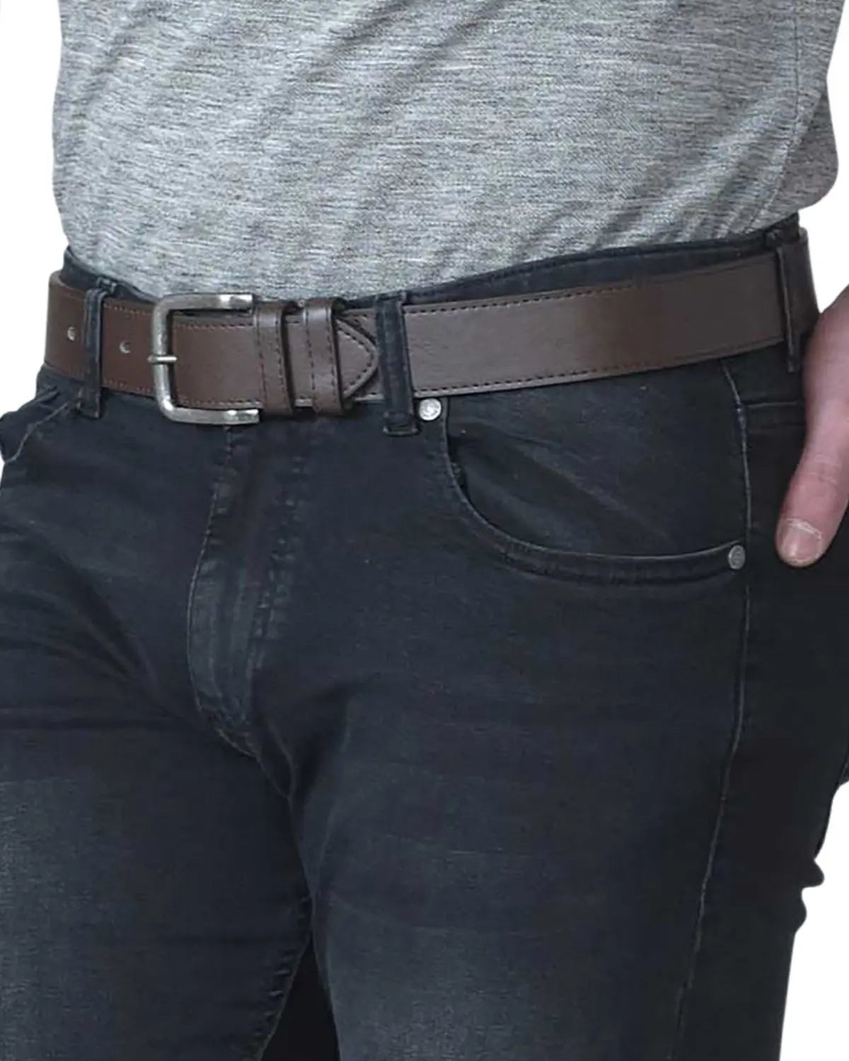 Męski duży pasek ze srebrną klamrą 3,9cm Duke D555 Archie ciemnobrązowy
