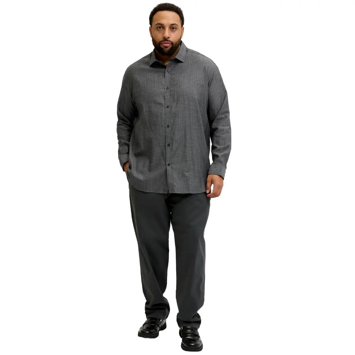 Duża męska koszula w paski długi rękaw Jack &amp; Jones 12292159 szara