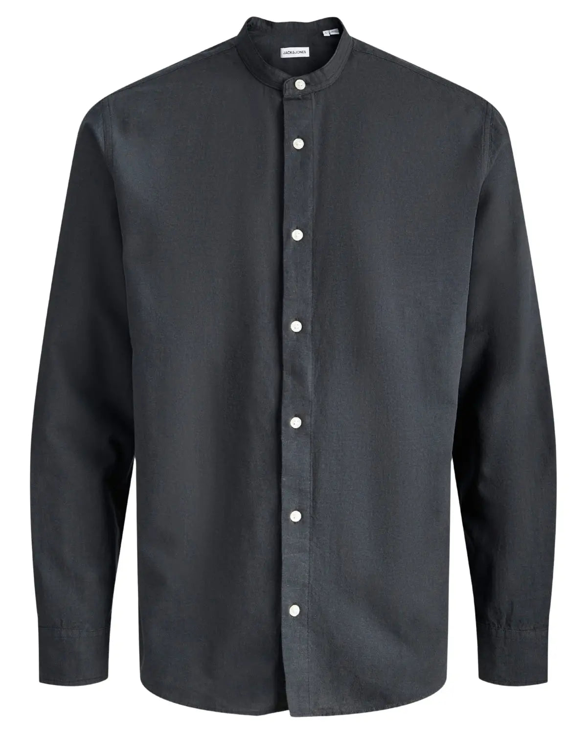 Duża męska koszula gładka lniana z długim rękawem stójka Jack &amp; Jones 12294544 czarna