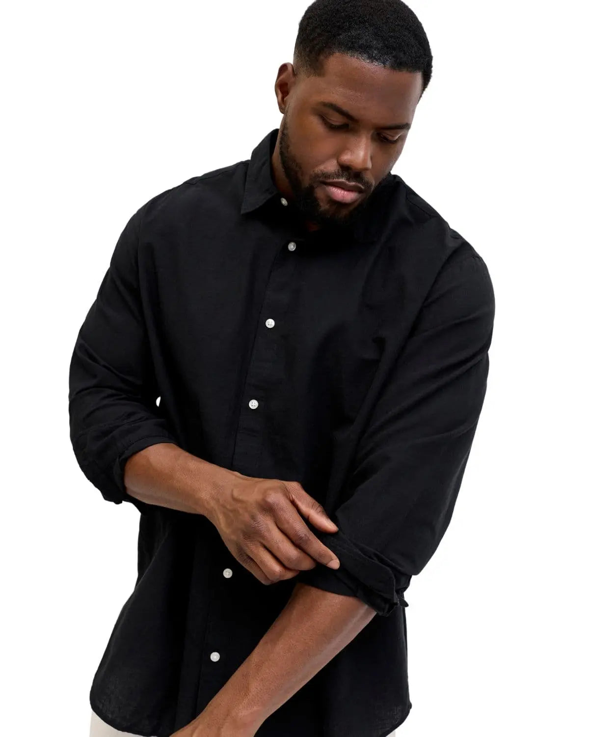 Duża męska gładka koszula z lnem długi rękaw Jack &amp; Jones 12288651 czarna