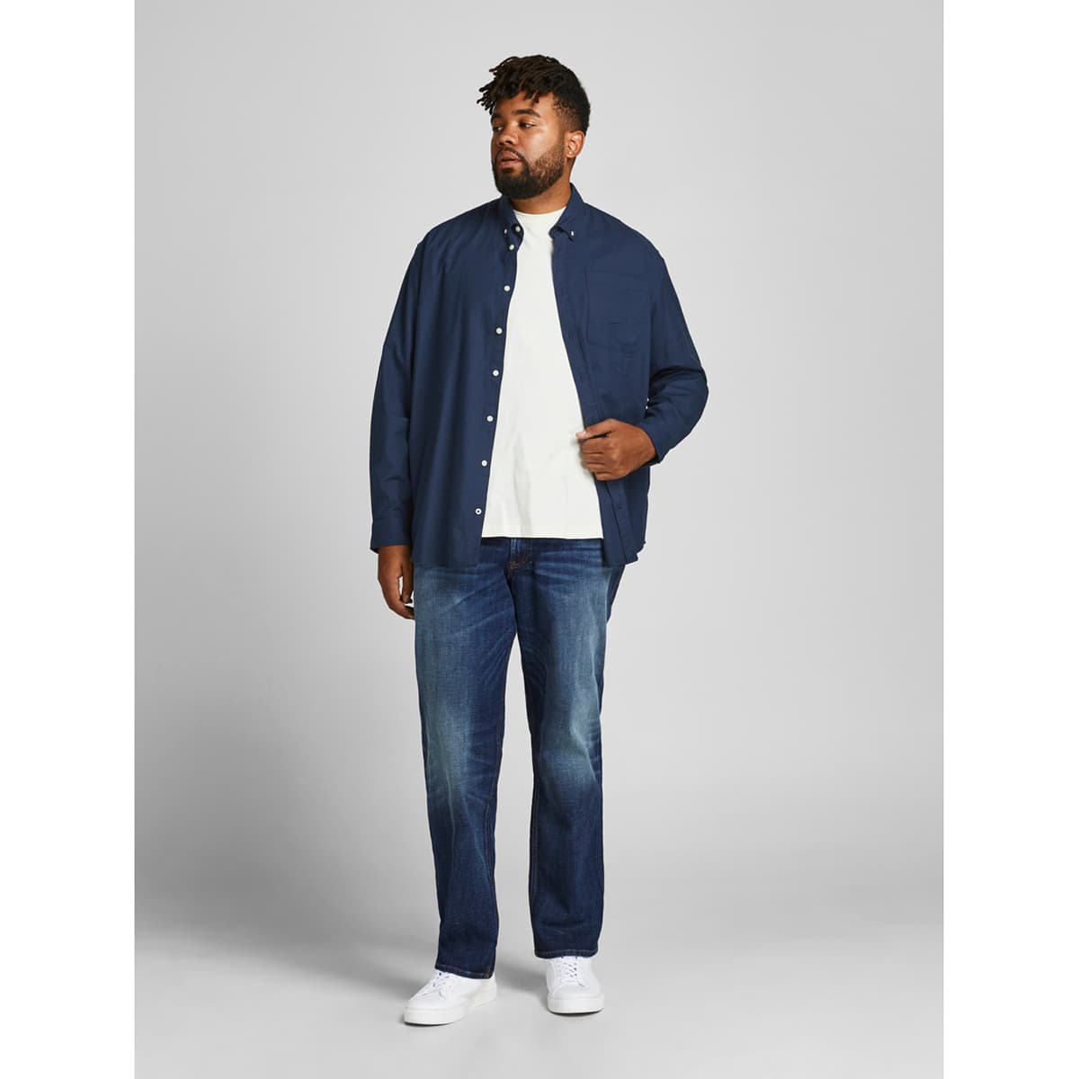 Duża koszula męska z długim rękawem gładka Jack &amp; Jones 12190444 granatowa