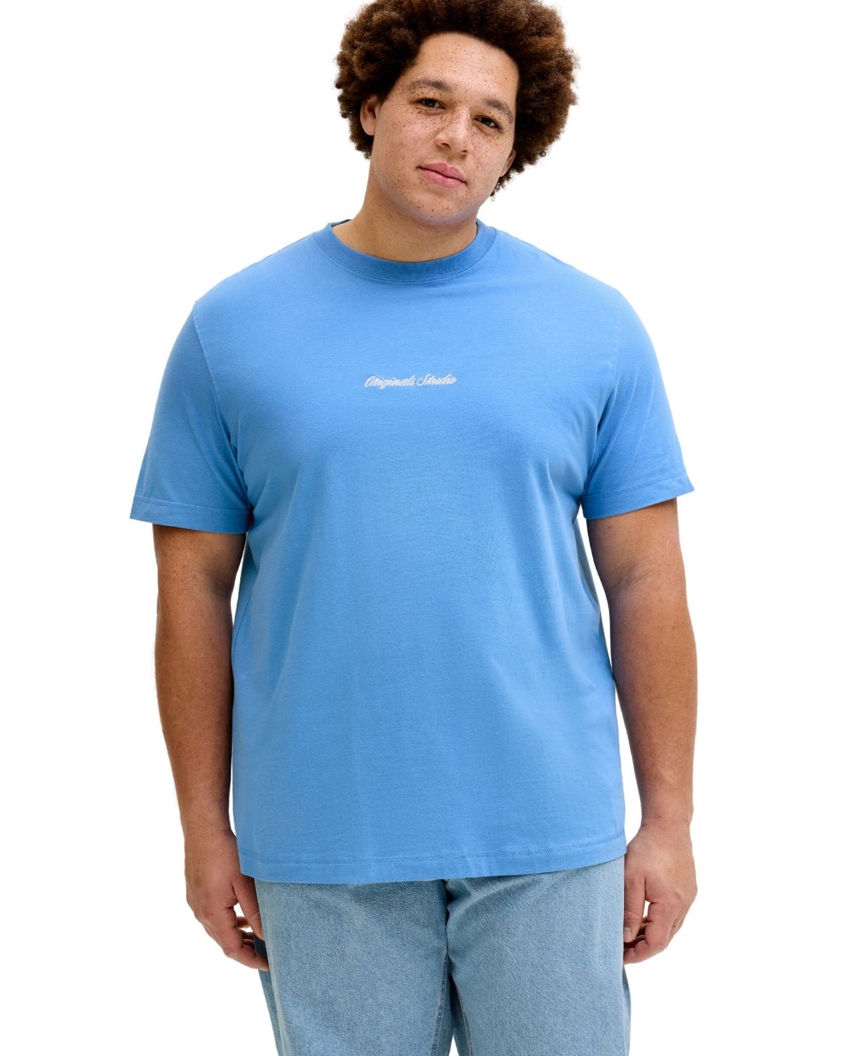 Duża męska koszulka z małym napisem t-shirt Jack &amp; Jones 12284161 niebieski