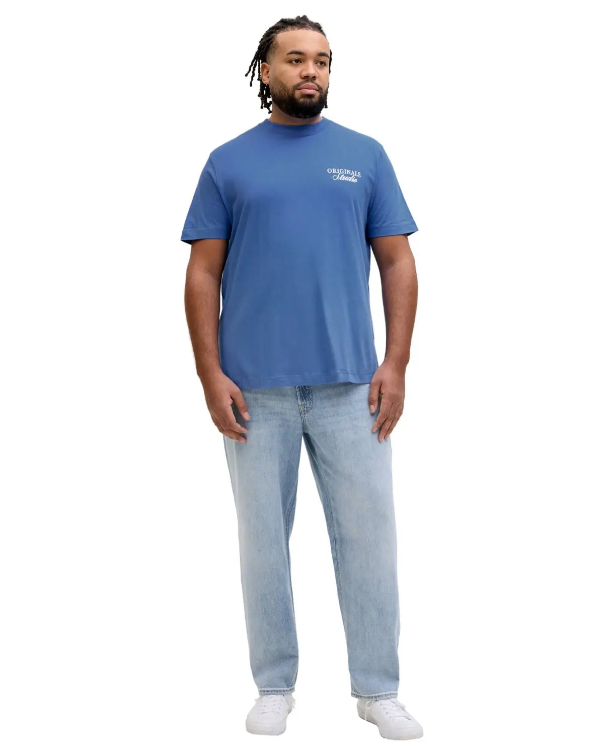 Duża męska koszulka krótki rękaw t-shirt z nadrukiem na plecach Jack &amp; Jones 12288197 niebieski