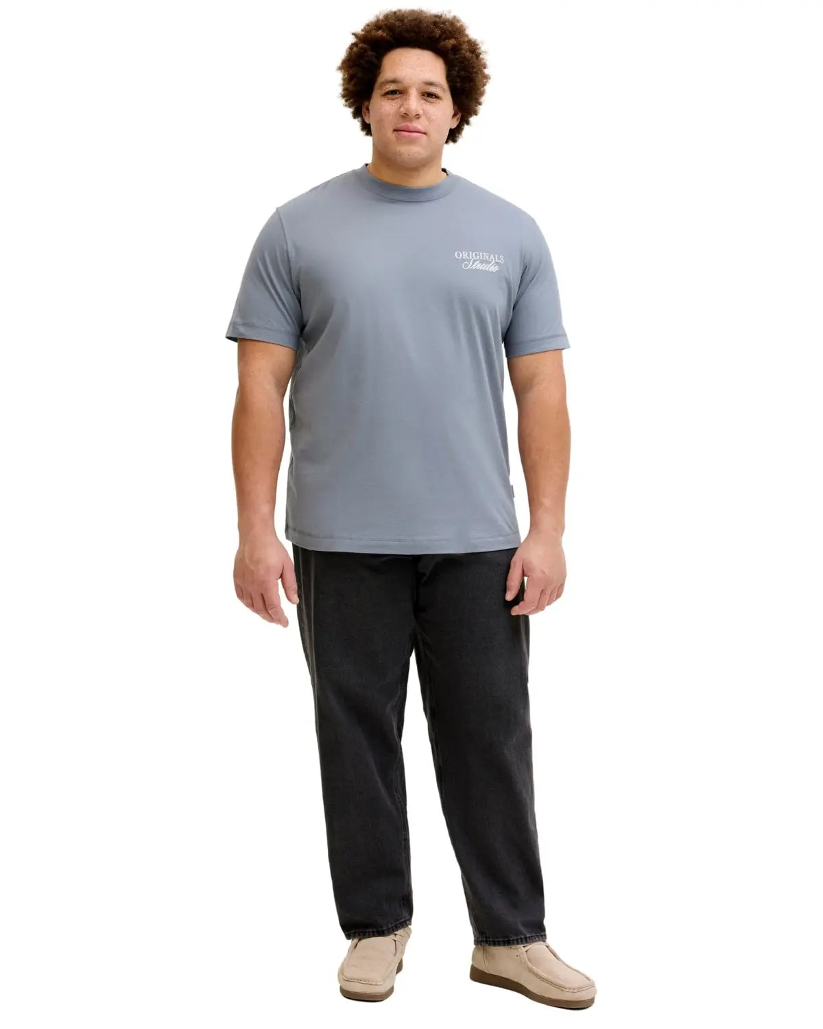 Duża męska koszulka krótki rękaw t-shirt z nadrukiem na plecach Jack &amp; Jones 12288197 szaroniebieski