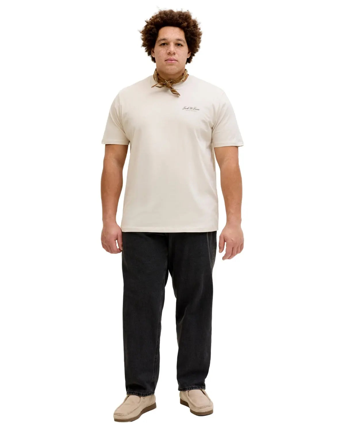 Duża męska koszulka z krótkim rękawem t-shirt z subtelnym napisem Jack &amp; Jones 12289683 beżowy