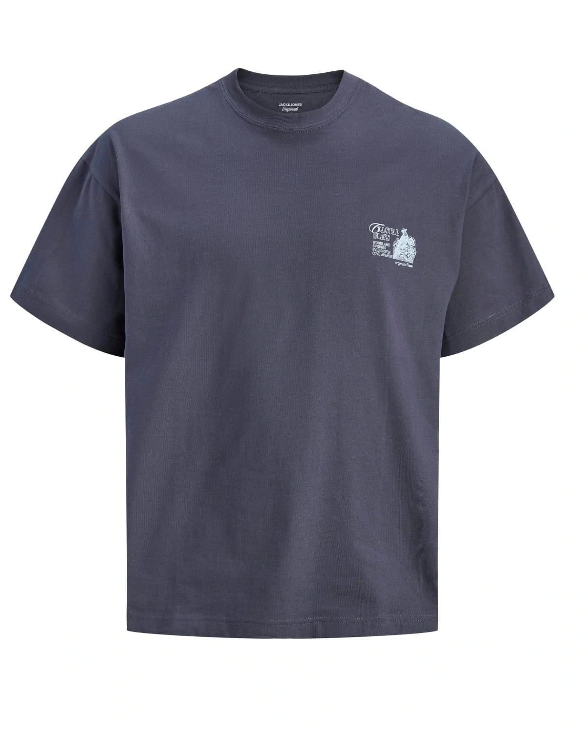 Duża męska koszulka krótki rękaw t-shirt z nadrukiem na plecach Jack &amp; Jones 12299037 szaroniebieski