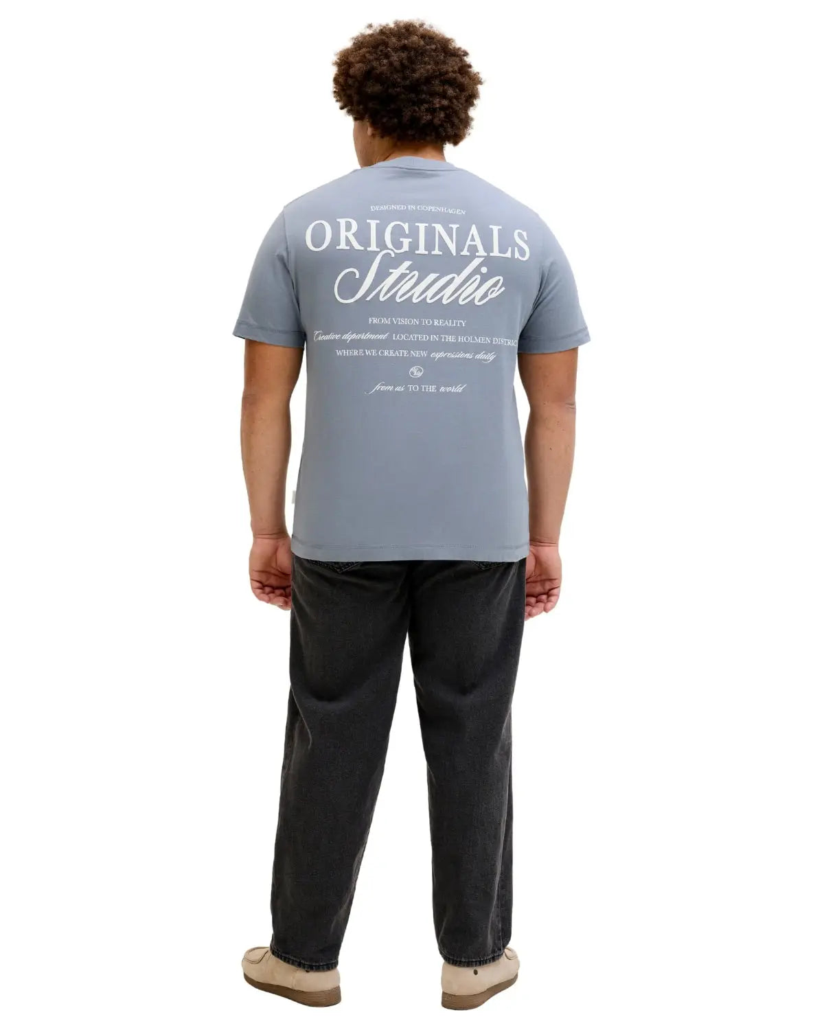 Duża męska koszulka krótki rękaw t-shirt z nadrukiem na plecach Jack &amp; Jones 12288197 szaroniebieski