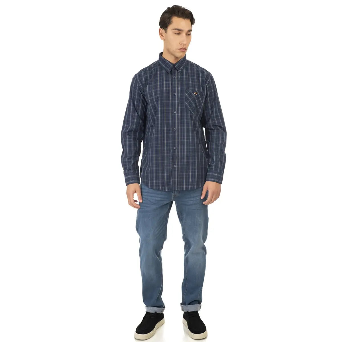 Duża męska koszula w kratę długi rękaw Double Urban Outfitters GS-5022 CC54 granatowo-żółta