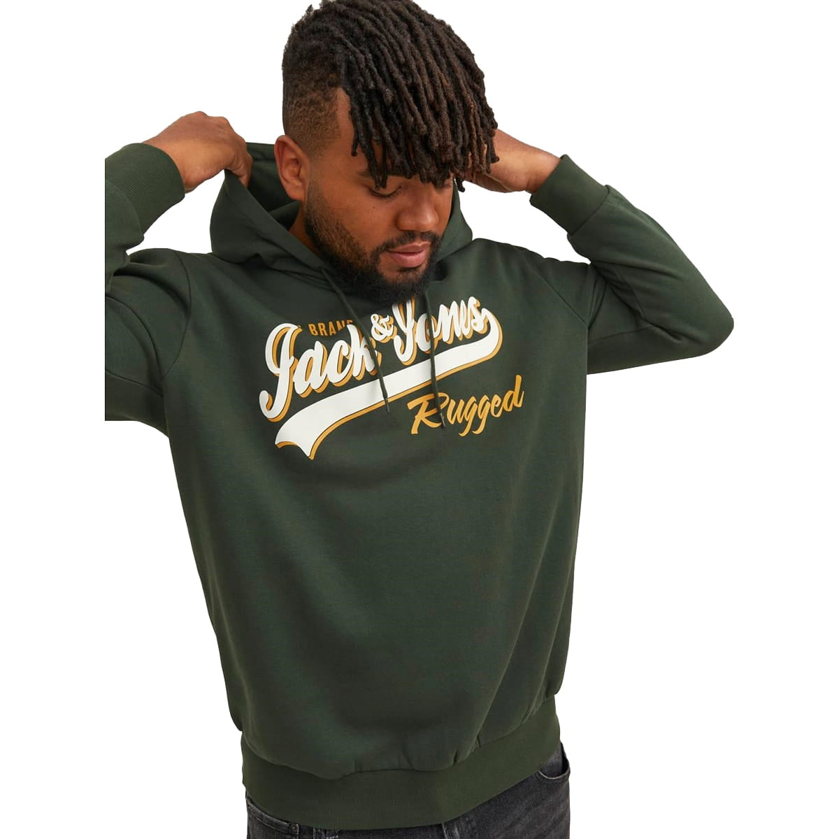 Duża męska bluza wkładana przez głowę z kapturem napisy Jack &amp; Jones 12236803 ciemnozielona