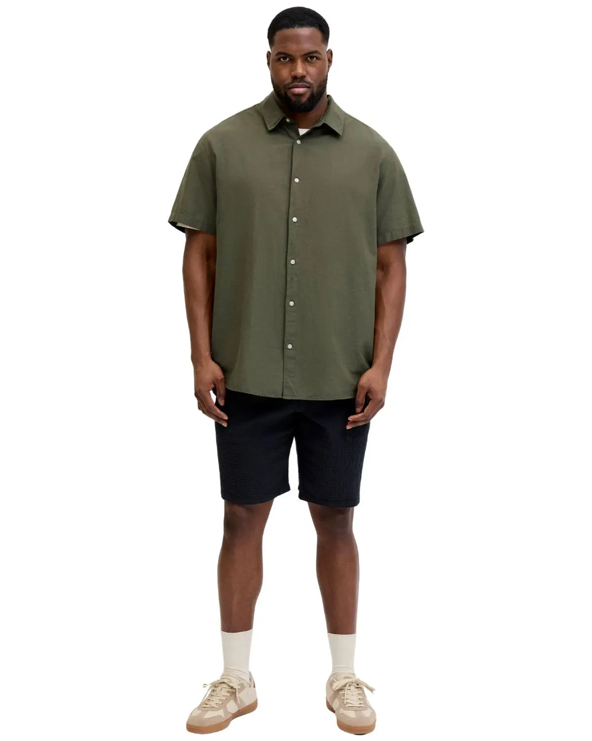 Duża koszula męska  z lnem króki rękaw Jack &amp; Jones 12294285 khaki