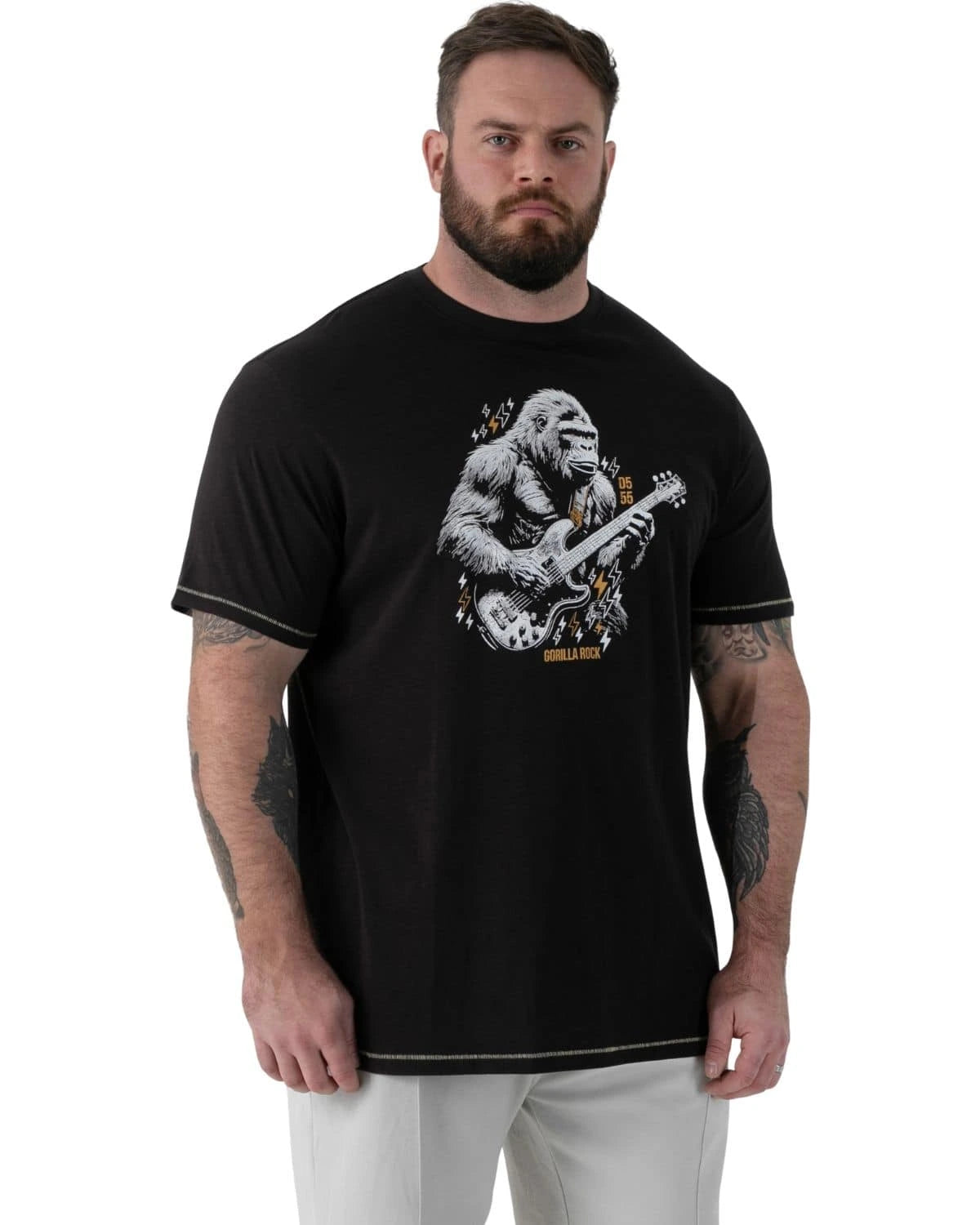 Duży męski t-shirt z nadrukiem goryla z gitarą Macfarlan Duke D555 czarny