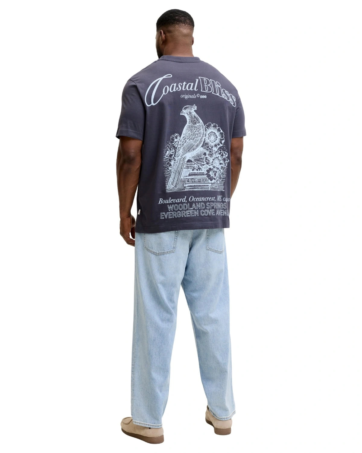 Duża męska koszulka krótki rękaw t-shirt z nadrukiem na plecach Jack &amp; Jones 12299037 szaroniebieski