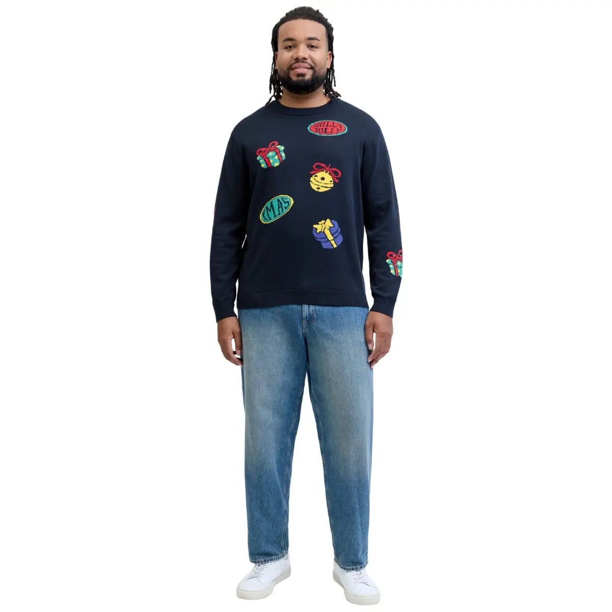 Duży męski świąteczny sweter wkładany przez głowę Jack &amp; Jones 12288022 granatowy