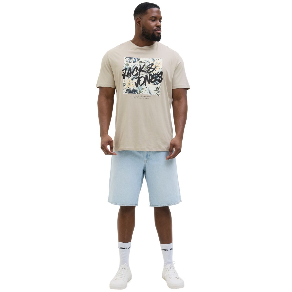 Duża męska koszulka T-shirt z nadrukiem i napisem Jack &amp; Jones 12275757 beżowy