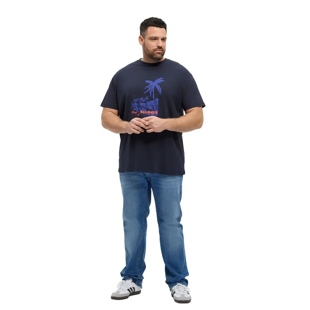 Duży męski T-shirt z wakacyjnym nadrukiem koszulka z krótkim rękawem North Latitude 51323-0581 granatowa