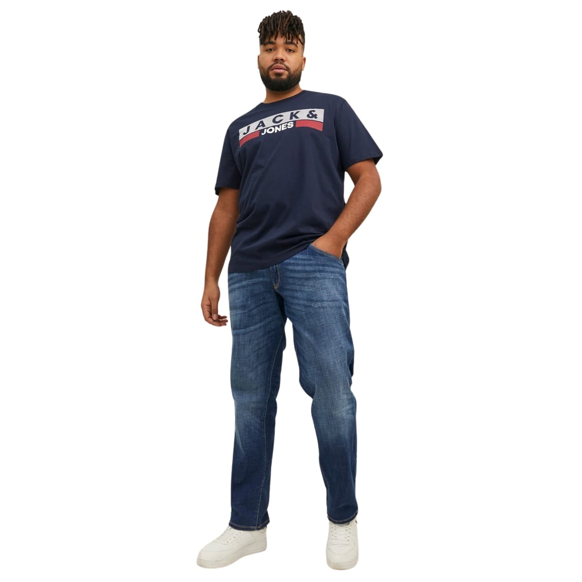Duża męska koszulka z nadrukiem t-shirt z napisami Jack &amp; Jones 12158505 Play 4 granatowy