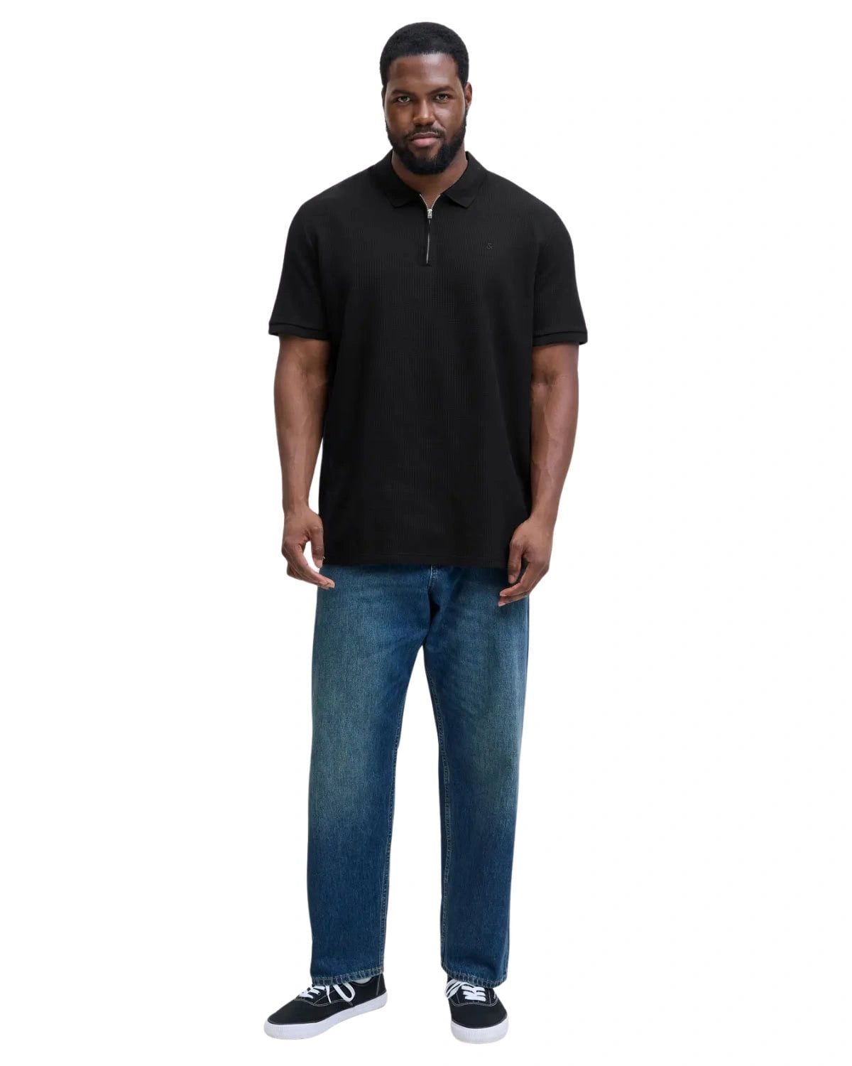 Duża męska koszulka z kołnierzykiem polówka gładka na zamek Jack &amp; Jones 12284618 czarna
