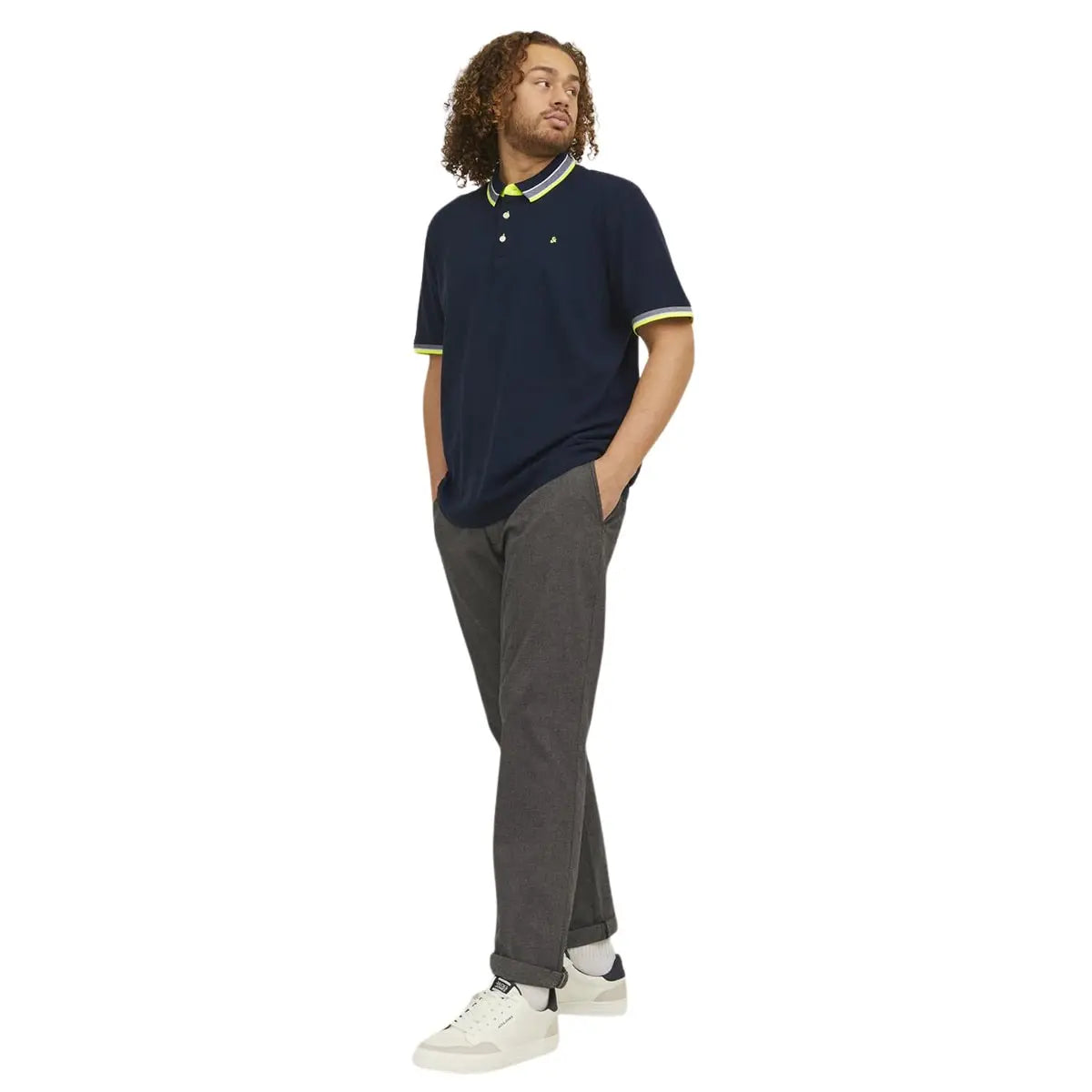 Duża męska polówka koszulka z kołnierzykiem Jack &amp; Jones 12143859 granatowa z żółtym