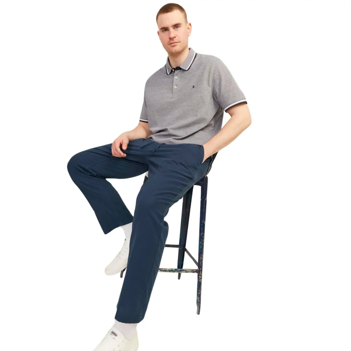 Duże męskie spodnie materialne z lnem,  gumką i sznurkami w pasie Jack &amp; Jones 12239548 granatowe
