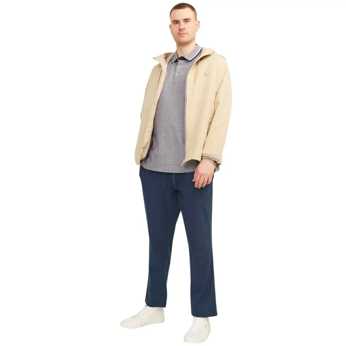 Duże męskie spodnie materialne z lnem,  gumką i sznurkami w pasie Jack &amp; Jones 12239548 granatowe