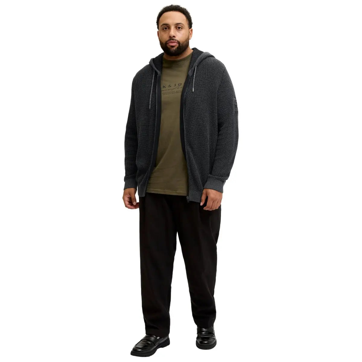 Duża męska bluza rozpinana z kapturem o strukturalnej fakturze Jack &amp; Jones 12285626 szaro-czarna