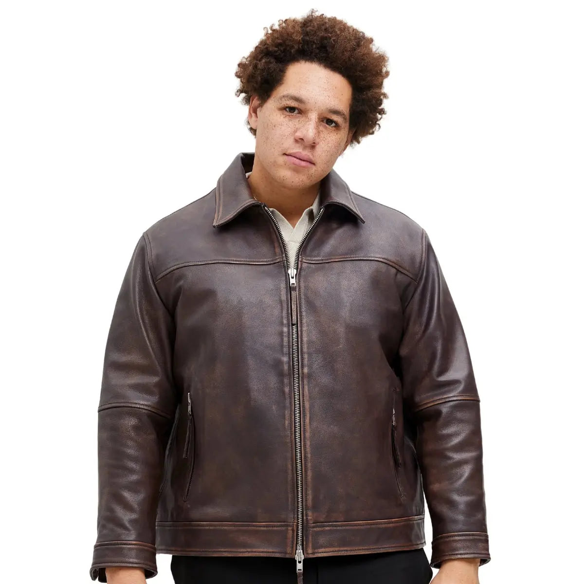 Duża męska skórzana kurtka ramoneska Jack &amp; Jones 12285027 brązowa