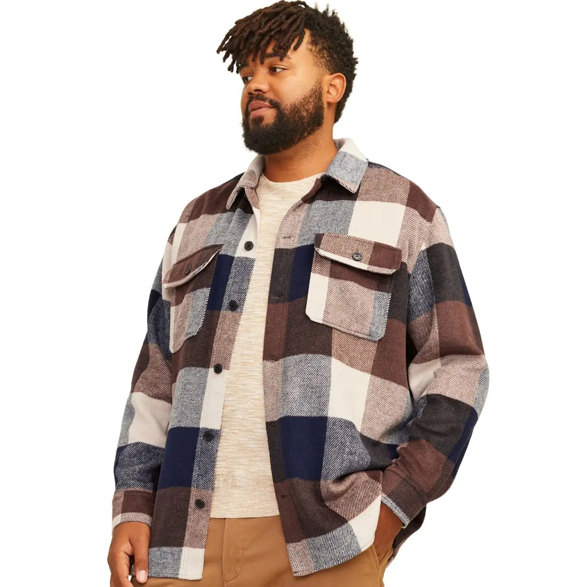Duża męska flanelowa koszula z długim rękawem w  kratę Jack &amp; Jones 12263999 granatowo-brązowa