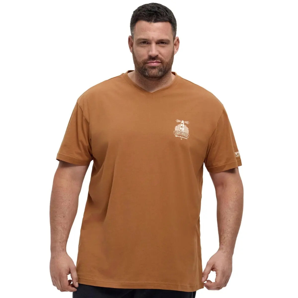 Duży męski t-shirt gładka koszulka z dekoltem w serek North Latitude 53101-0720 jasnobrązowa