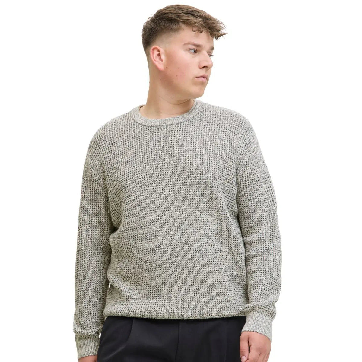 Duży męski sweter wkładany przez głowę Jack &amp; Jones 12287722 beżowo-szary z czarną nitką