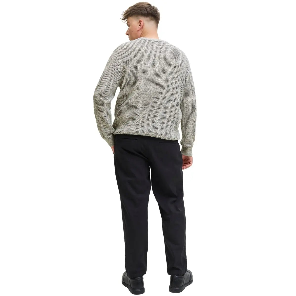 Duży męski sweter wkładany przez głowę Jack &amp; Jones 12287722 beżowo-szary z czarną nitką