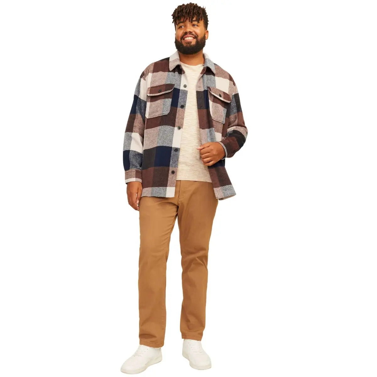 Duża męska flanelowa koszula z długim rękawem w  kratę Jack &amp; Jones 12263999 granatowo-brązowa