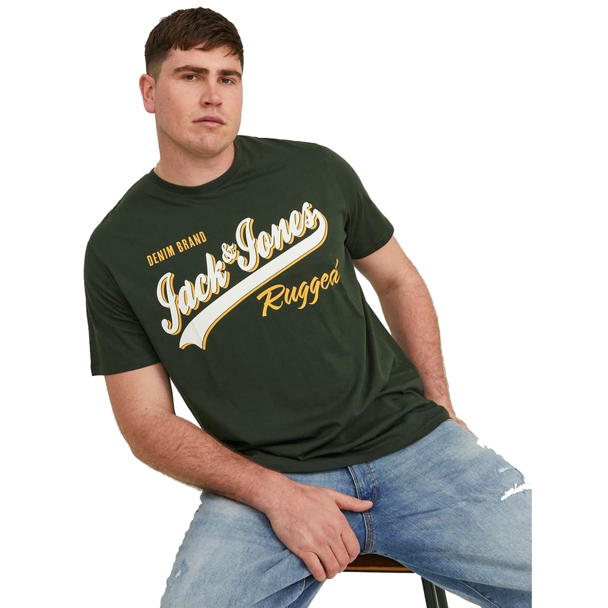 Duża męska koszulka z nadrukiem t-shirt Jack &amp; Jones 12243611 ciemnozielony