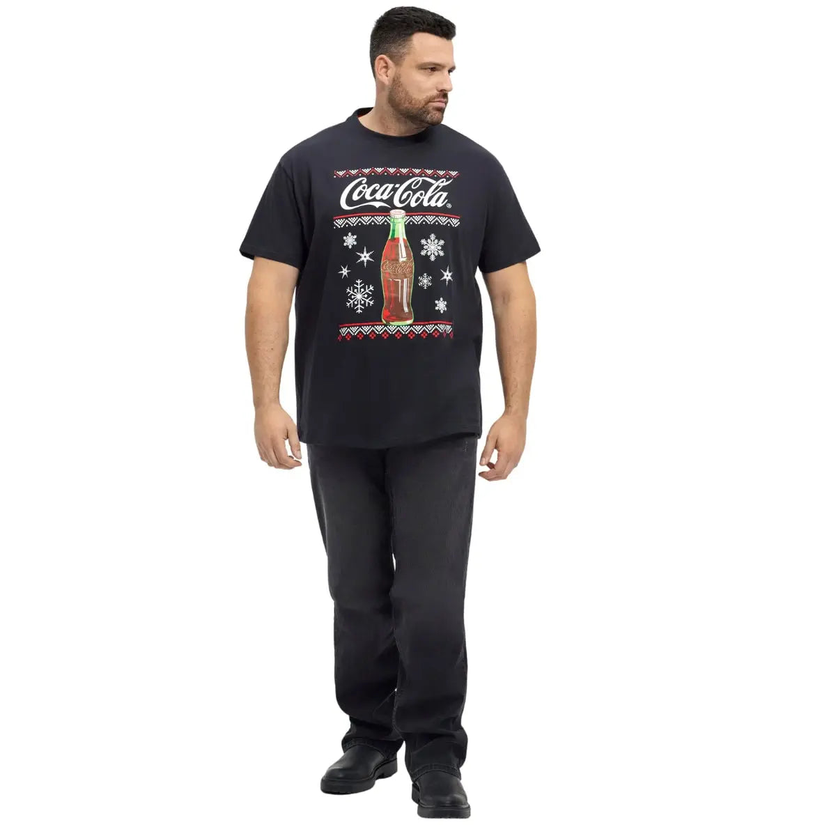 Duży męski t-shirt z świątecznym nadrukiem Coca Cola koszulka z krótkim rękawem North Latitude 53356-0099 czarna