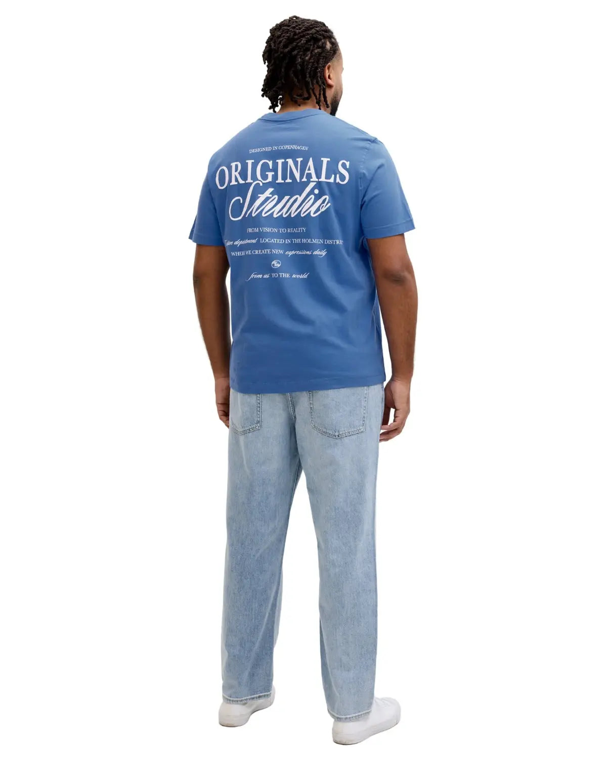 Duża męska koszulka krótki rękaw t-shirt z nadrukiem na plecach Jack &amp; Jones 12288197 niebieski