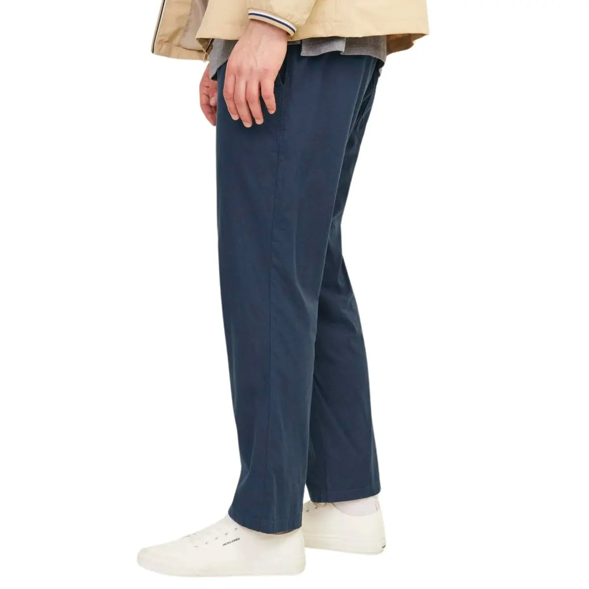 Duże męskie spodnie materialne z lnem,  gumką i sznurkami w pasie Jack &amp; Jones 12239548 granatowe